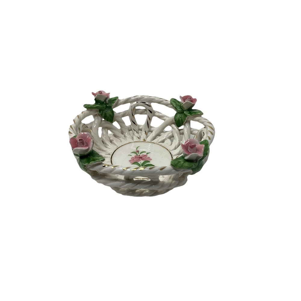 Vintage Spanish Delicate Porcelain Woven Basket  Trinket Dish  Roses Spain 3"